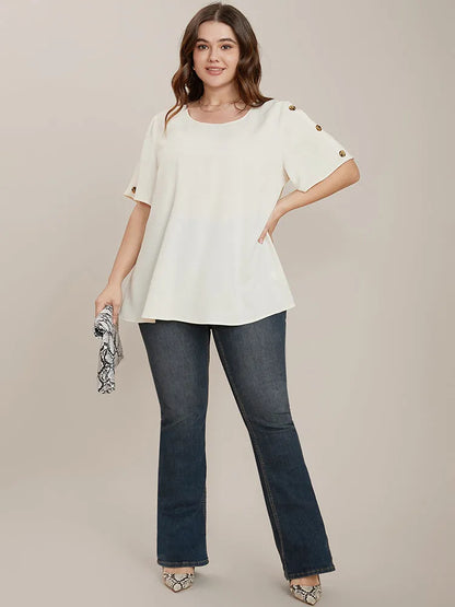 Plain Round Neck Button Detail Blouse