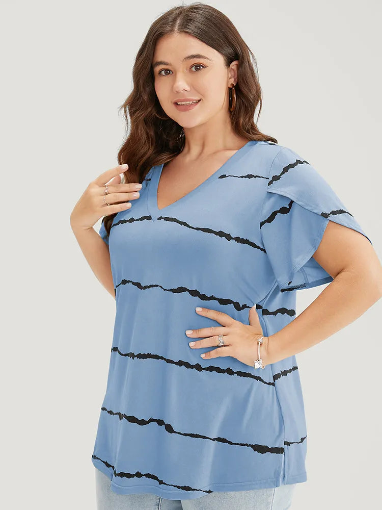 Striped Contrast Petal Sleeve T-shirt