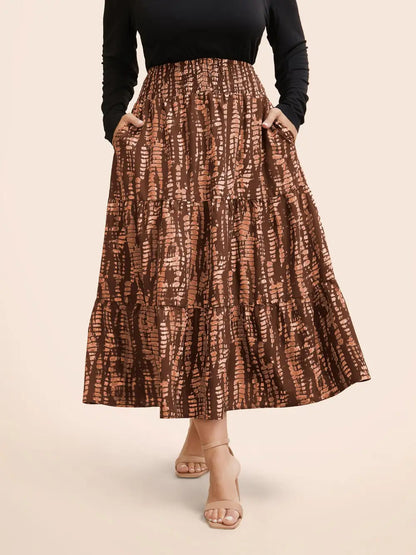Geometric Shirred Ruffle Layered Hem Skirt