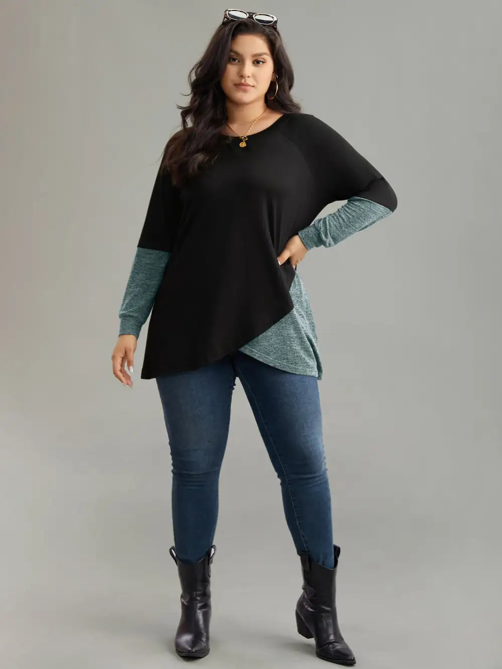 Two Tone Patchwork Heather Arc Hem T-Shirt