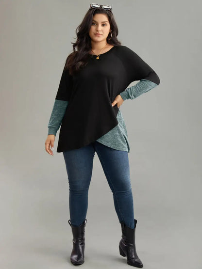 Two Tone Patchwork Heather Arc Hem T-Shirt
