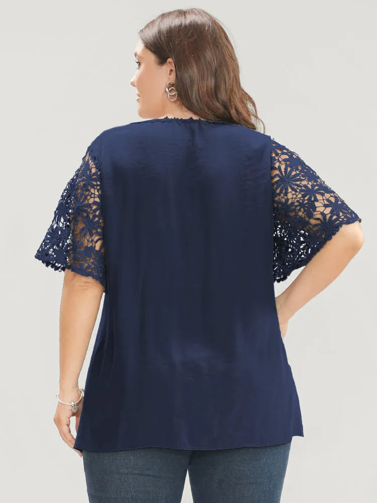 Plain V Neck Floral Patchwork Blouse
