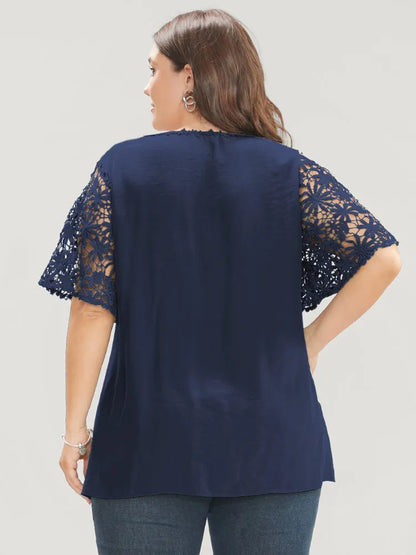 Plain V Neck Floral Patchwork Blouse