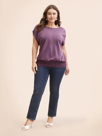 Solid Ruched Batwing Sleeve Shirred Hem T-Shirt