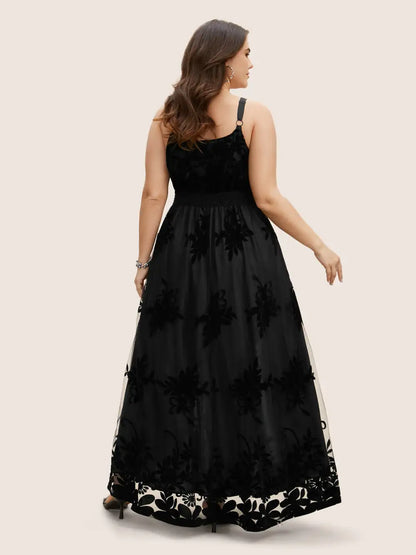 Floral Flocked Tulle Split Hem Dress