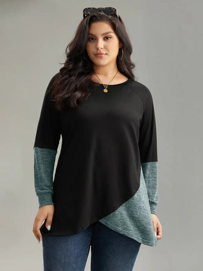 Two Tone Patchwork Heather Arc Hem T-Shirt