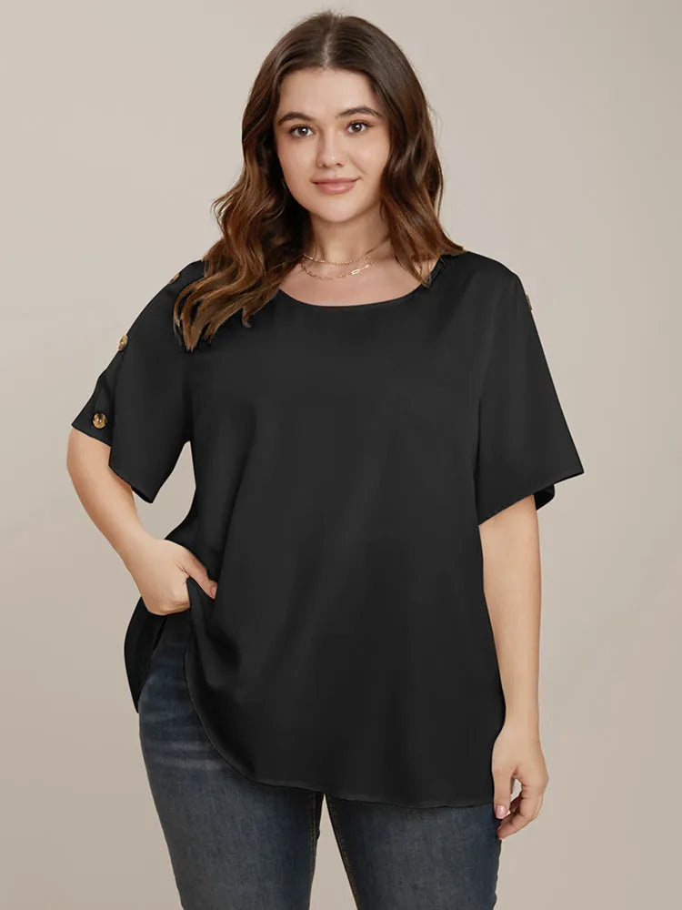 Plain Round Neck Button Detail Blouse