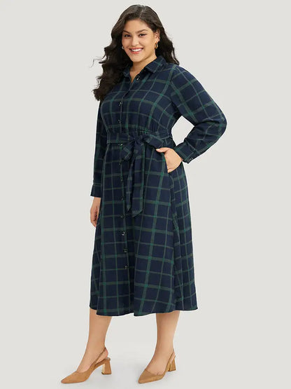 Plaid Shirt Collar Button Fly Belted Dress