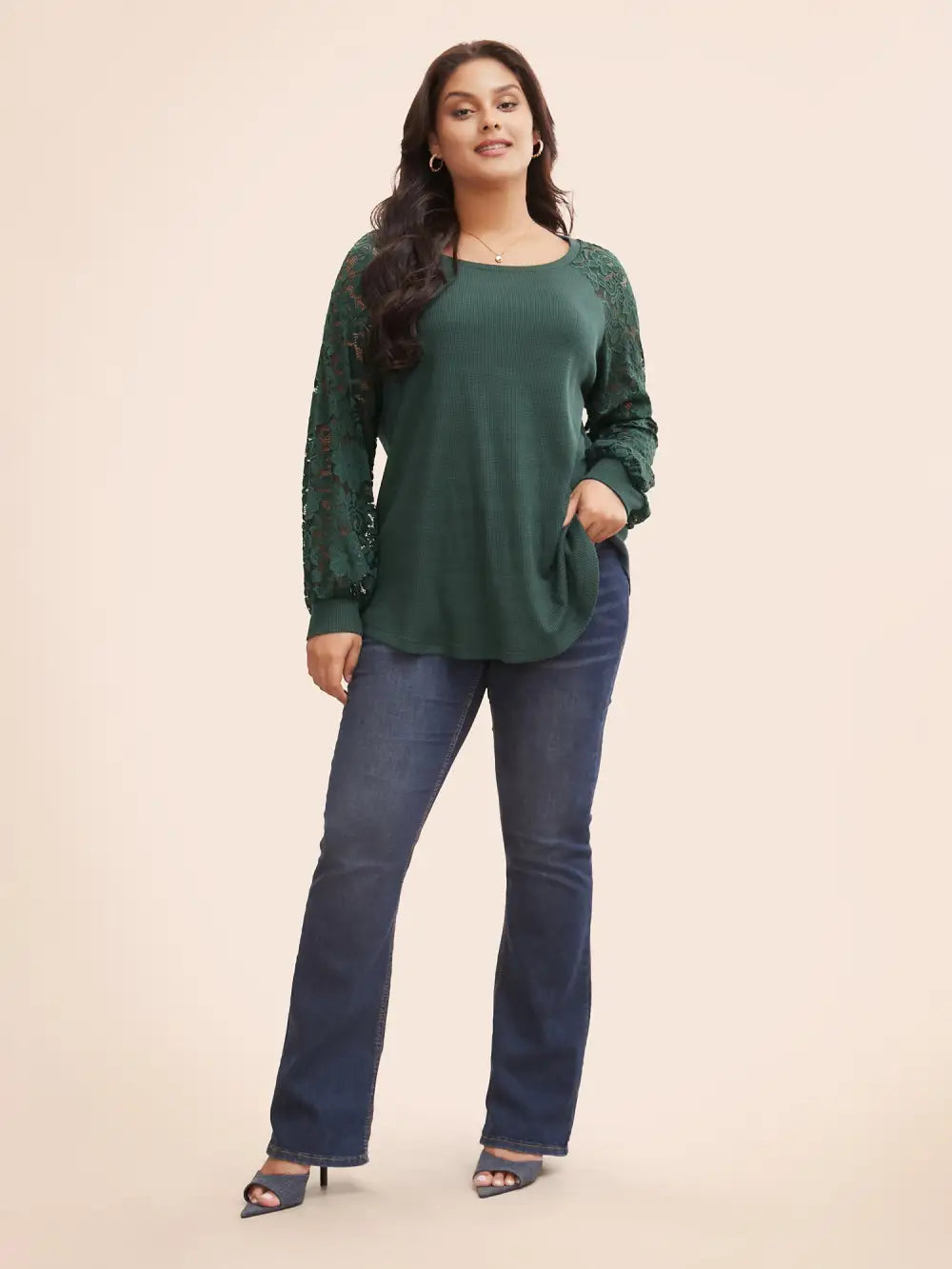 Plain Lace Panel Round Neck Raglan Sleeve T-Shirt