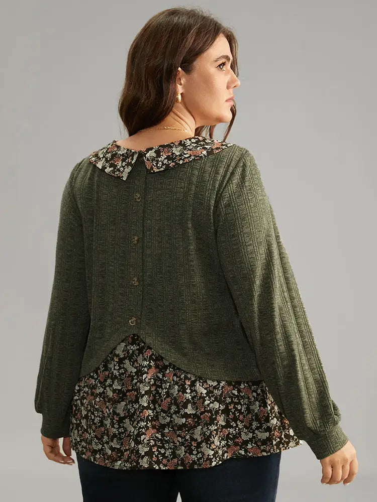 Ditsy Floral Patchwork Button Detail Lapel Collar T-Shirt