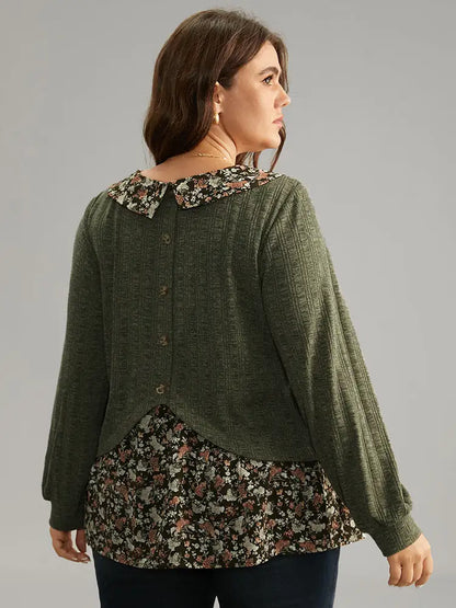 Ditsy Floral Patchwork Button Detail Lapel Collar T-Shirt
