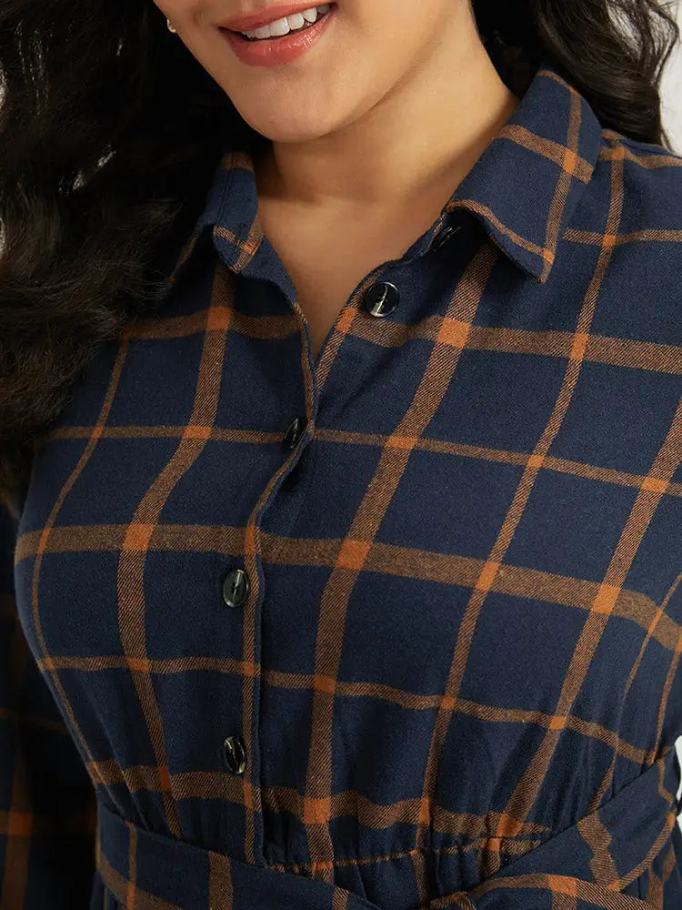 Plaid Shirt Collar Button Fly Belted Dress