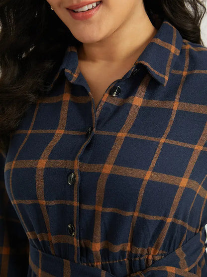 Plaid Shirt Collar Button Fly Belted Dress