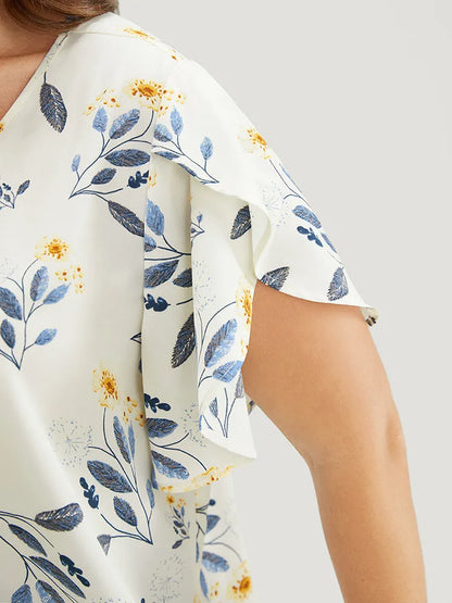Floral O Ring Zipper Split Petal Sleeve Blouse