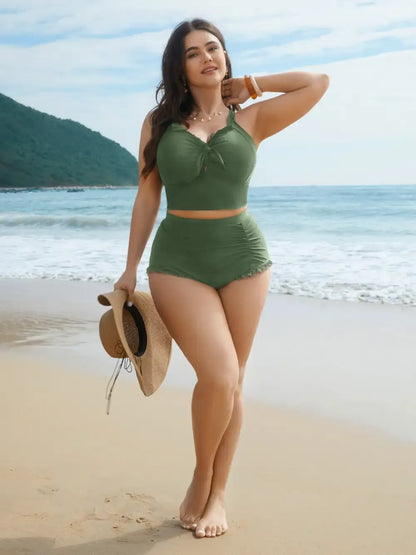 Bust Knot-Tie Ruffle Trim Supportive Swim Top