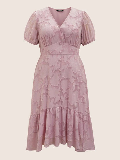 Solid Textured Lantern Sleeve Button Detail Dress