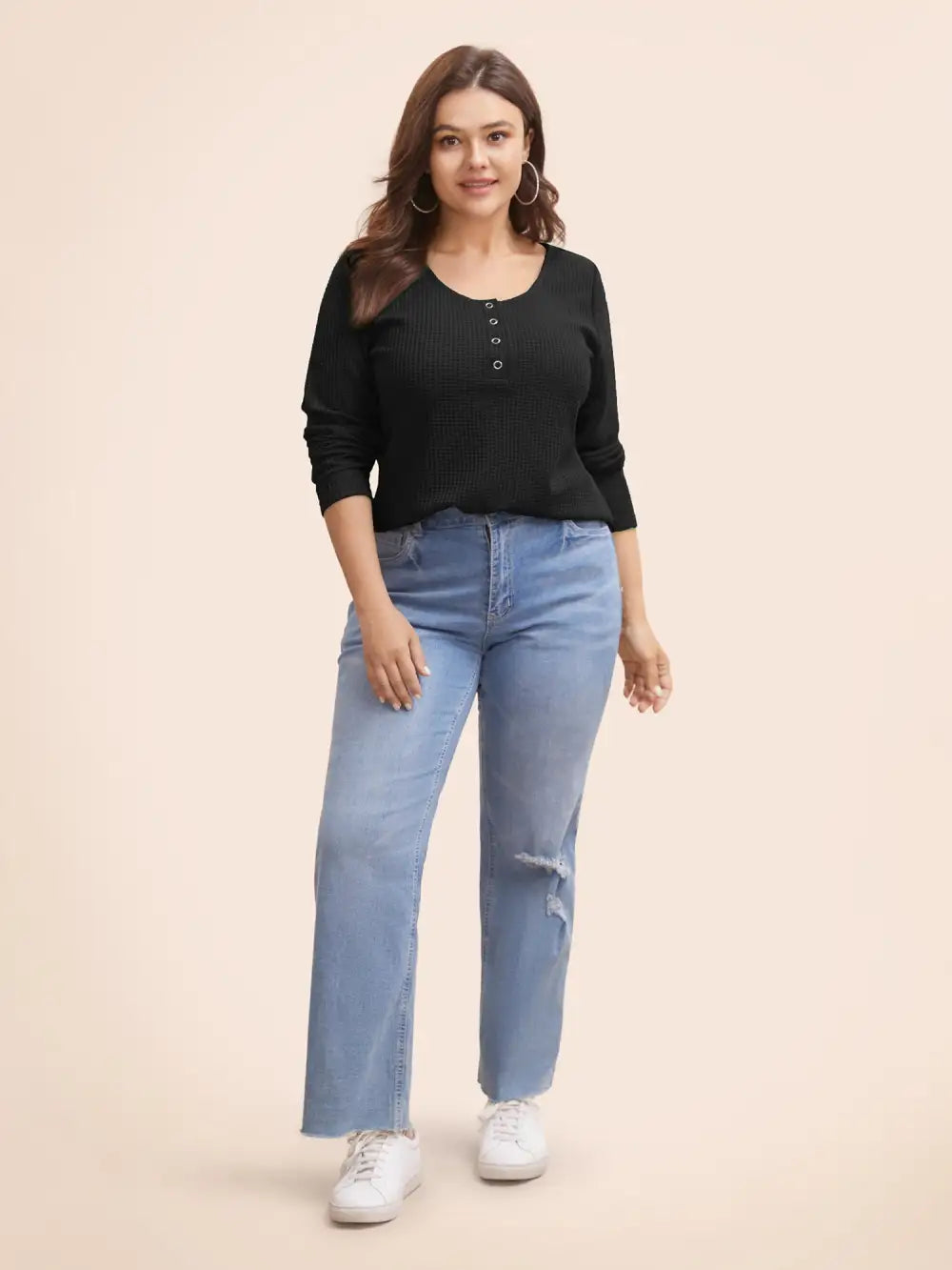 Solid Waffle Knit Round Neck T-Shirt