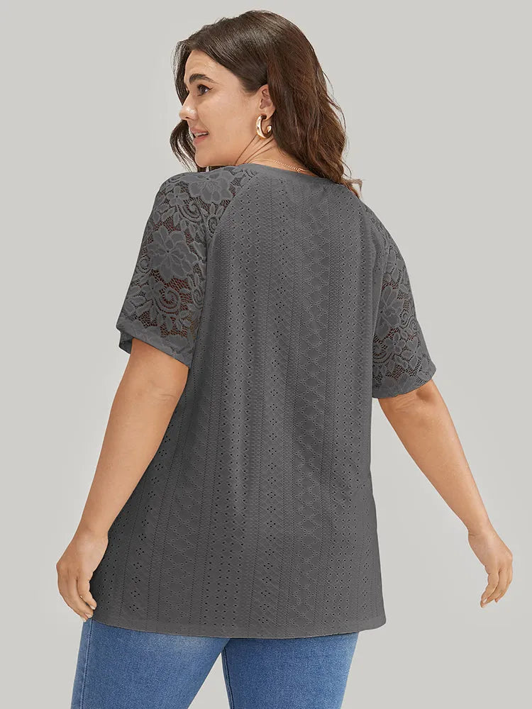 Solid Broderie Anglaise Lace Raglan Sleeve T-shirt