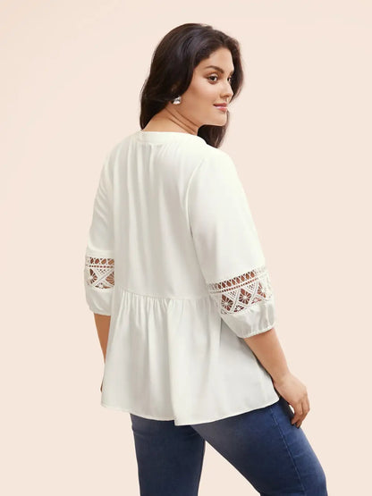 Notched Patchwork Cut Out Lantern Sleeve Blouse