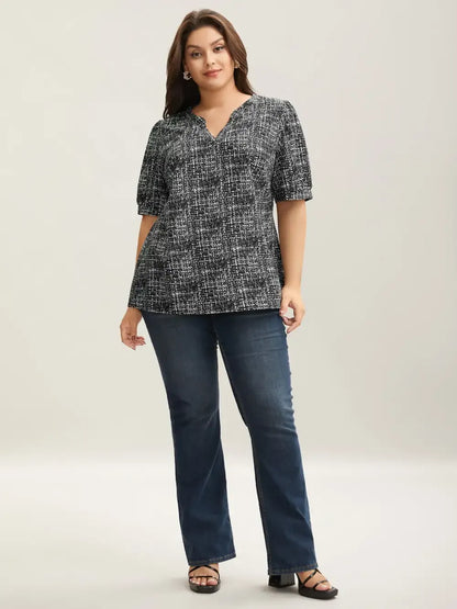 Geometric Print Puff Sleeve Blouse