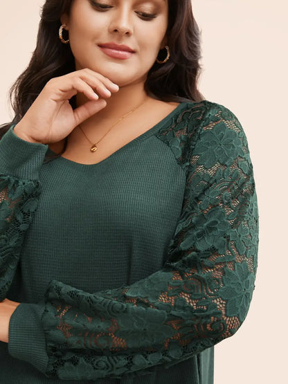 Plain Lace Panel Round Neck Raglan Sleeve T-Shirt