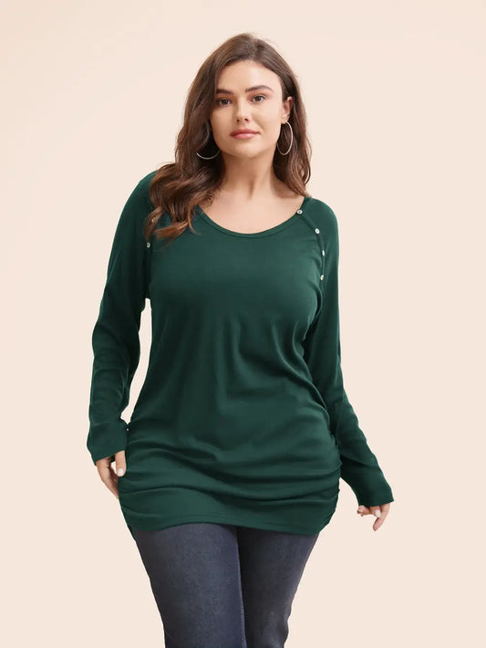 Plain Gathered Button Detail T-Shirt