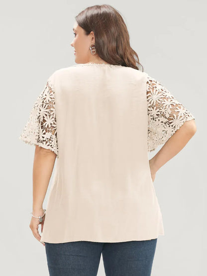 Plain V Neck Floral Patchwork Blouse