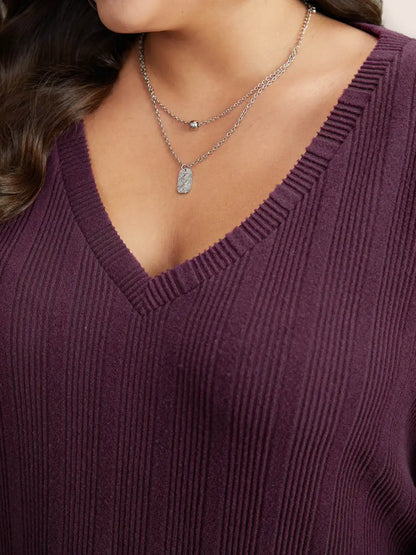 Rib Knit V Neck Button Detail T-Shirt