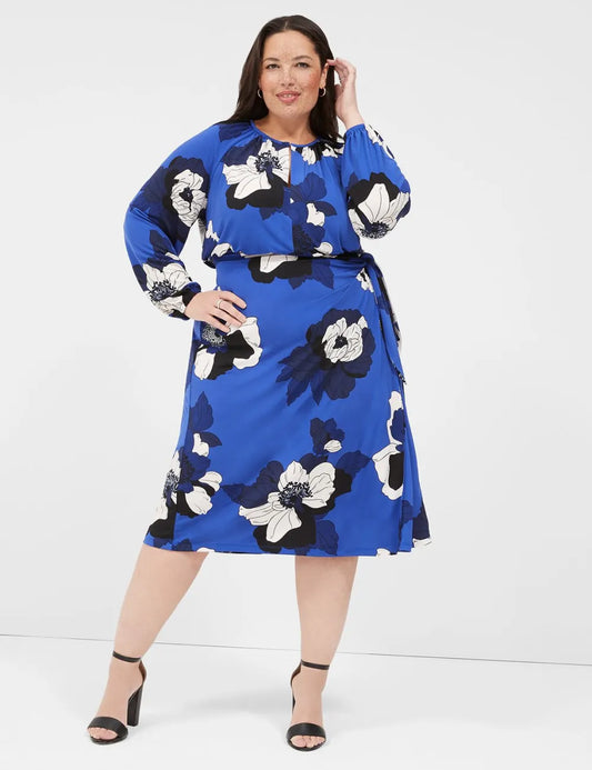 Notch-Neck Faux-Wrap Midi Dress