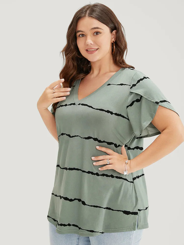 Striped Contrast Petal Sleeve T-shirt
