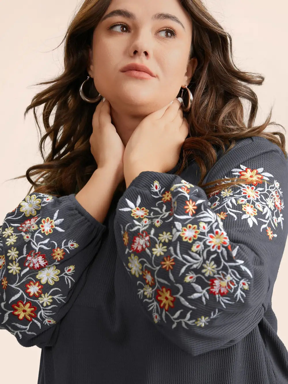 Waffle Knit Floral Embroidered Lantern Sleeve T-Shirt