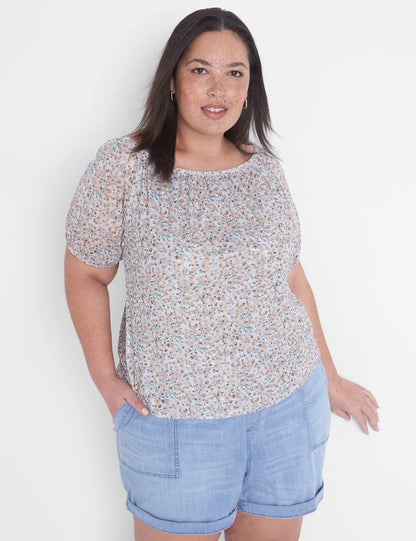 Elastic-Neck Printed Mesh Top