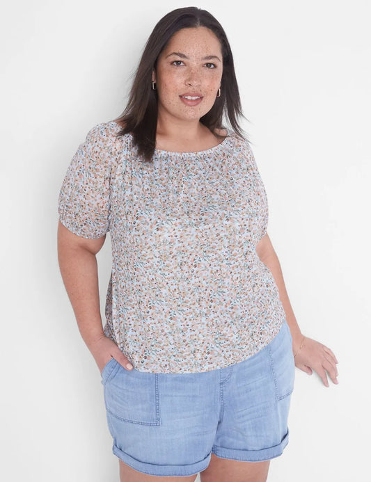 Elastic-Neck Printed Mesh Top