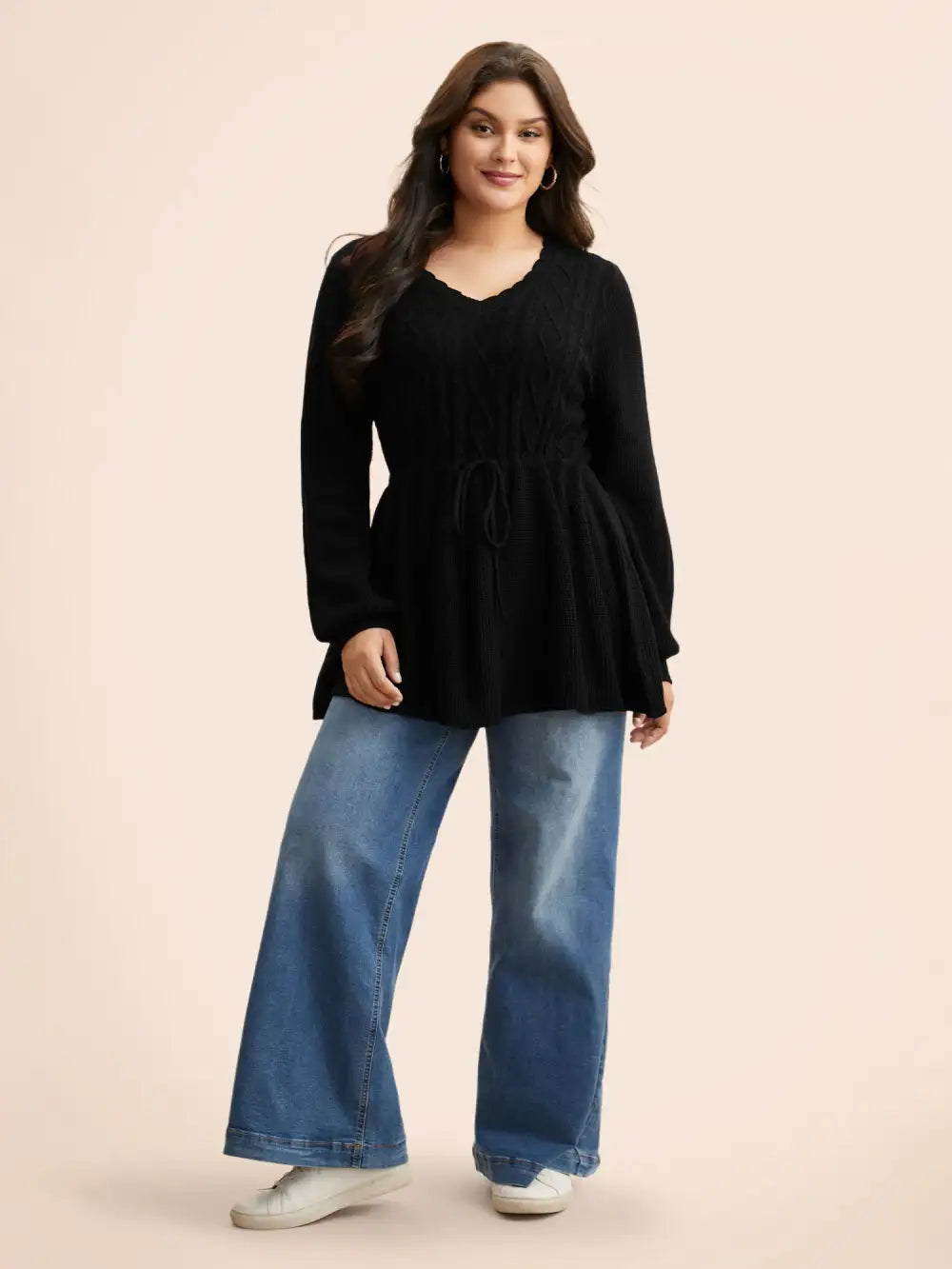 V Neck Cable Knit Drawstring Pullover