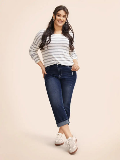 Folded Hem Rip Back Elastic Waist Jeans