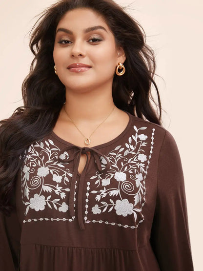 Floral Embroidered Knot Neck Lantern Sleeve T-Shirt