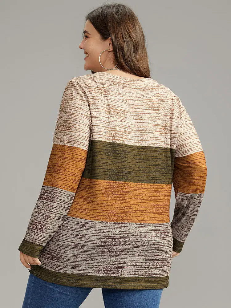 Striped Colorblock Contrast V Neck T-Shirt
