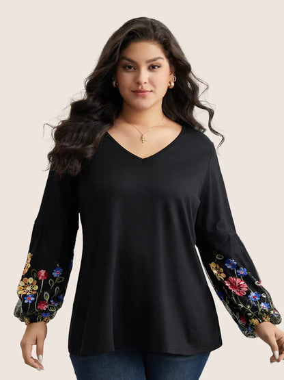 Floral Embroidered Lantern Sleeve T-Shirt