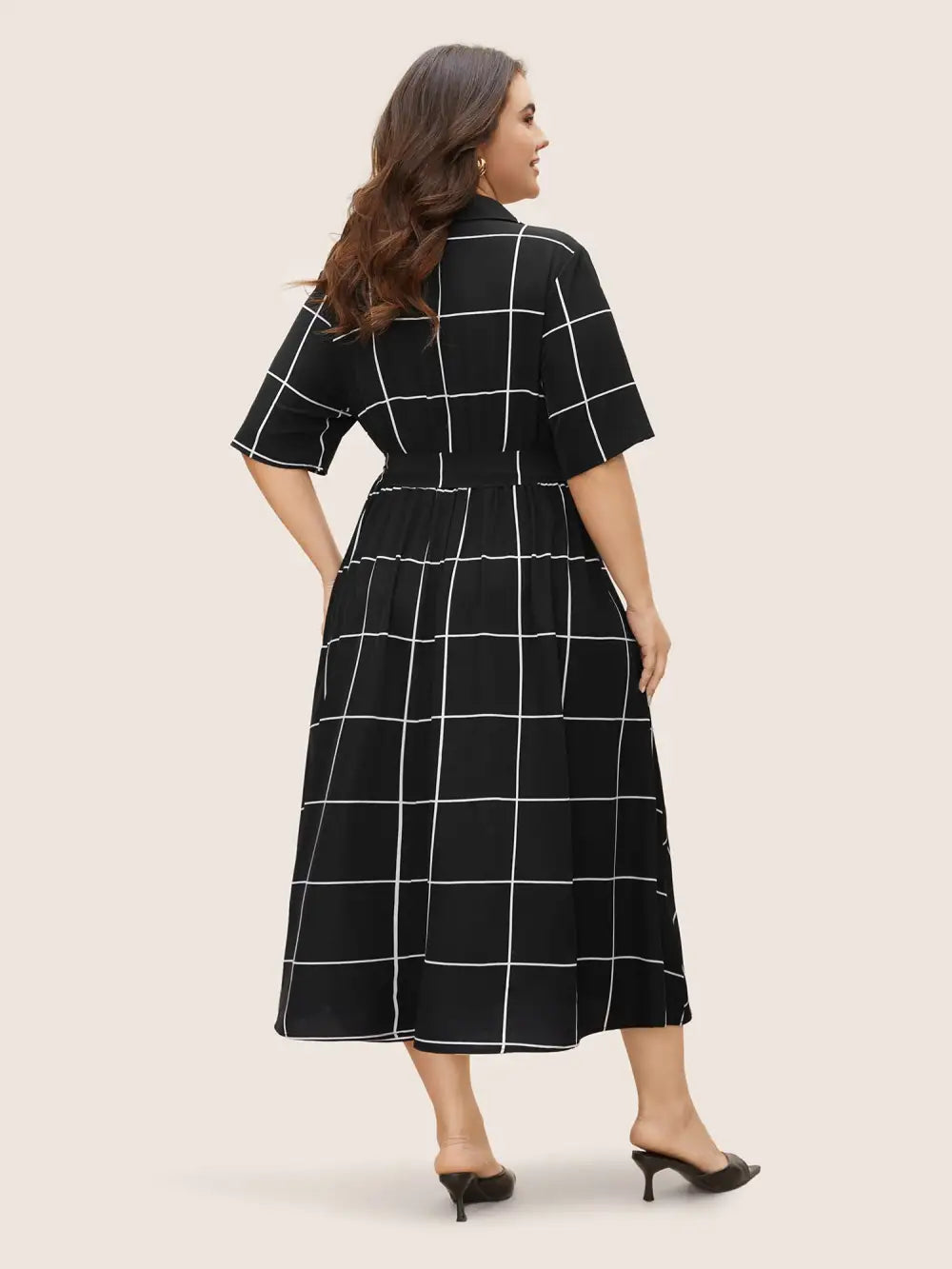 Plaid Shirt Collar Button Detail Belted Dress