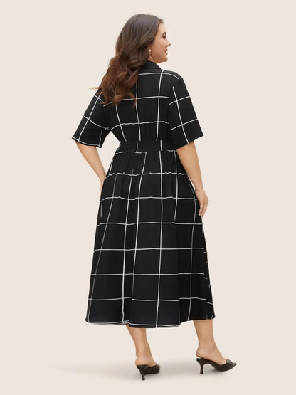 Plaid Shirt Collar Button Detail Belted Dress