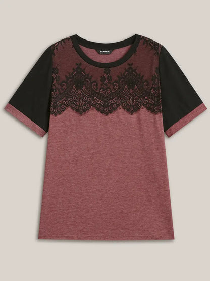 Stretchy Scalloped Lace Color Contrast T-Shirt