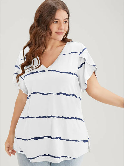 Striped Contrast Petal Sleeve T-shirt