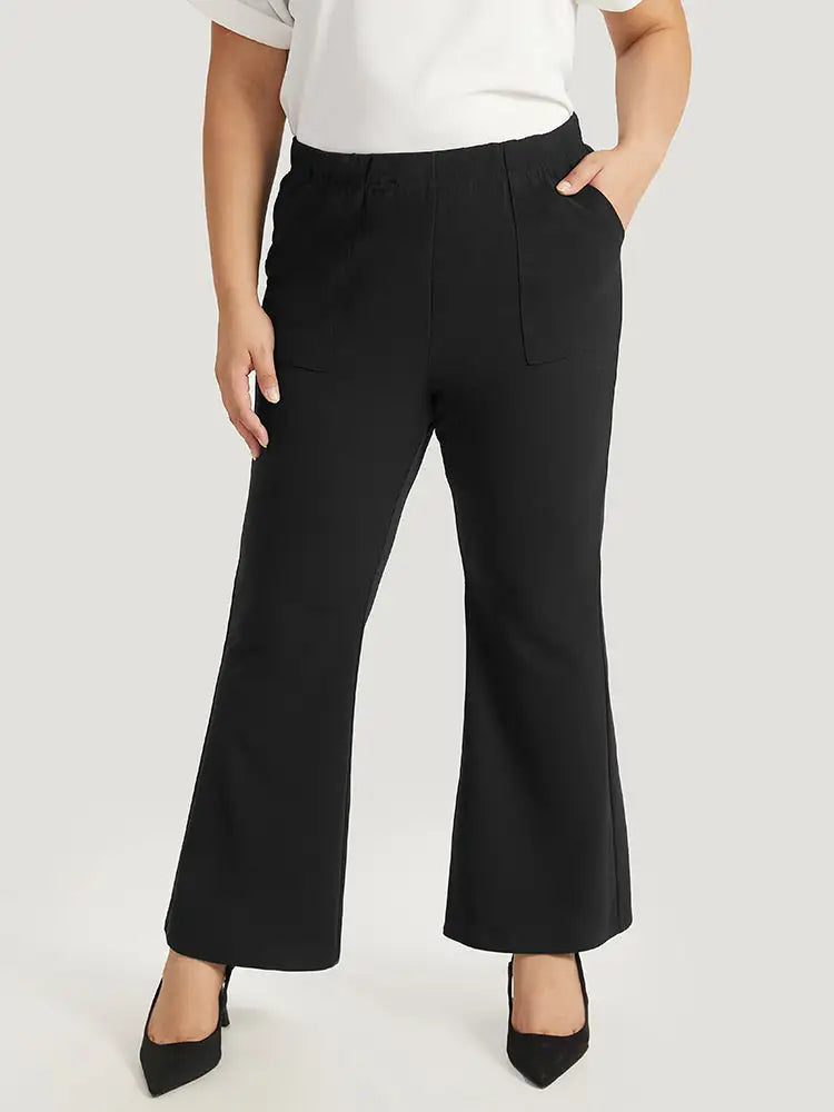 Solid Pocket Flare Leg Elastic Waist Pants