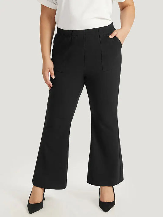 Solid Pocket Flare Leg Elastic Waist Pants