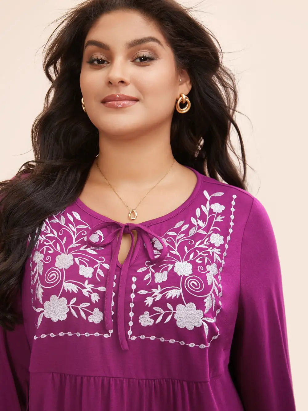 Floral Embroidered Knot Neck Lantern Sleeve T-Shirt