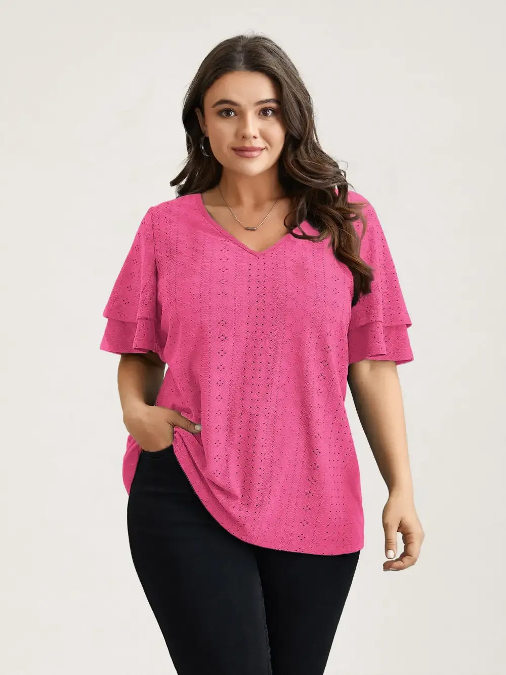 Jacquard Textured Lotus Leaf Sleeve Top