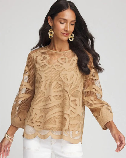 Floral-Motif Mesh 3/4 Sleeve Top