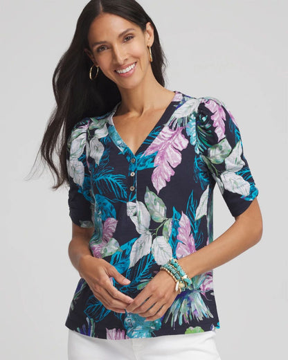 Tropical Slub Shirred-Sleeve Henley Tee