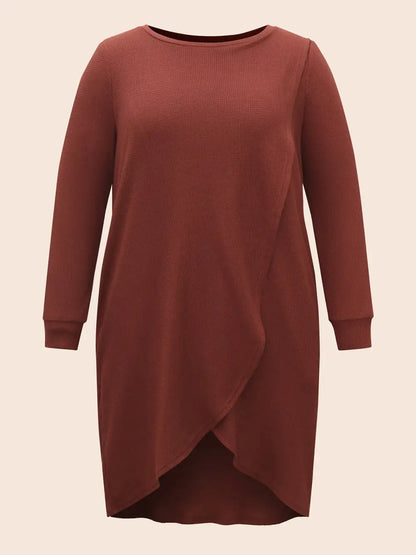 Solid Waffle Knit Overlap Hem T-Shirt