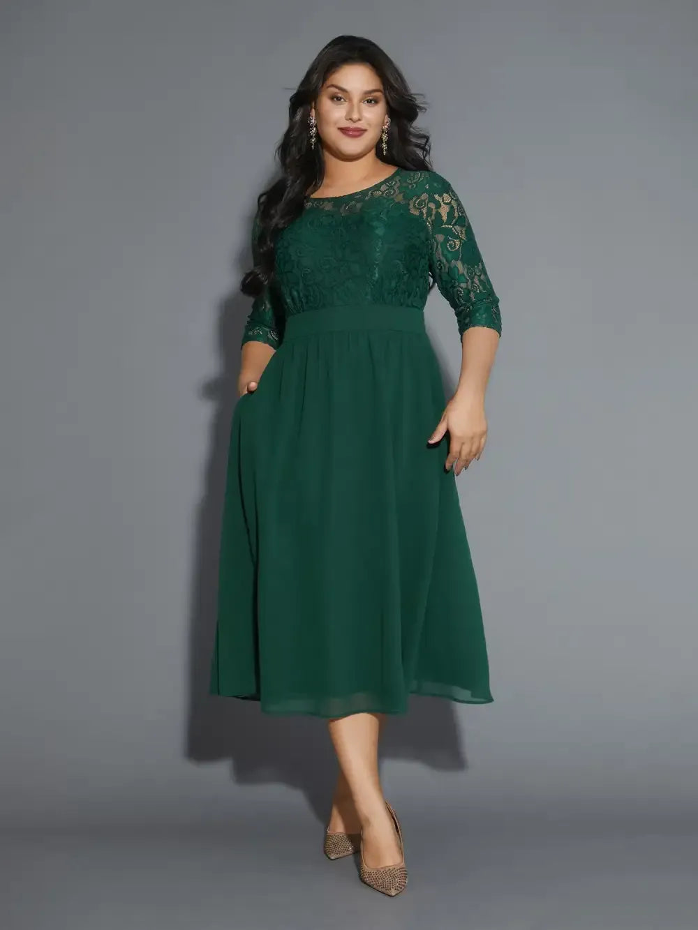 Lace Patchwork Shirred Midi Pocket Dress